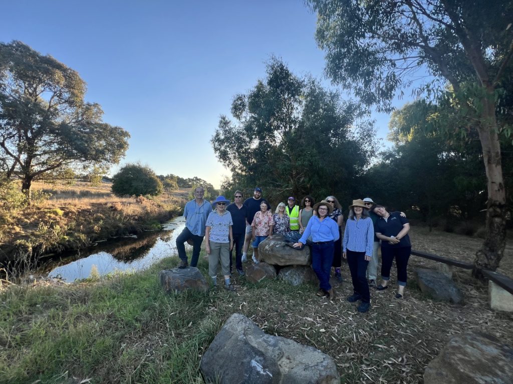 Group enjoying nature by a small creek.
