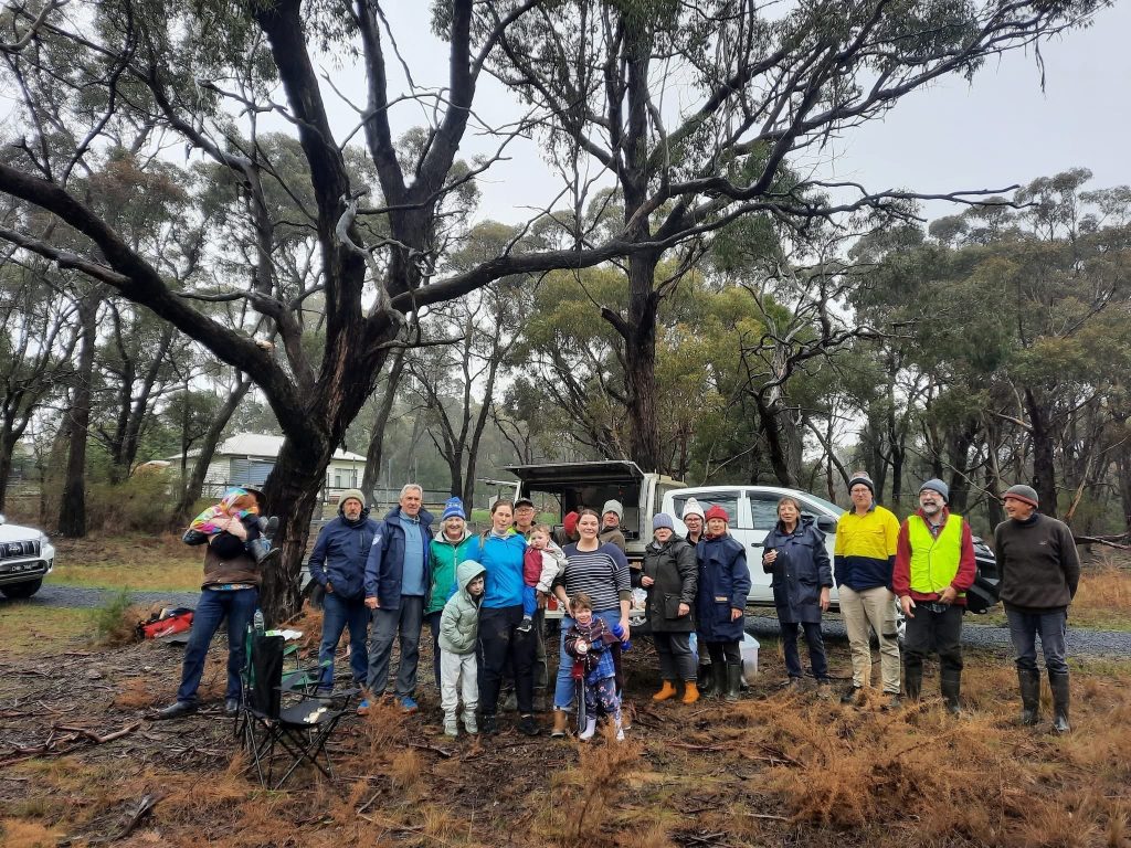Group of people in Australian forest gathering.